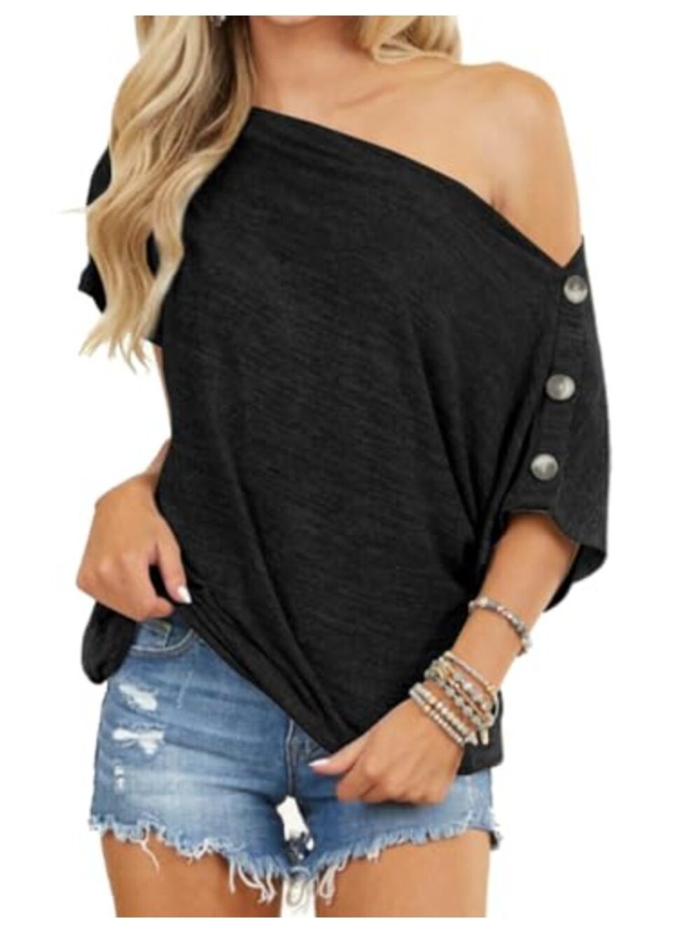 Women's Off Shoulder One Shoulder Blouse Loose Cuffed Short Sleeve Top